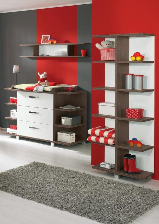 Red Striped Playroom With Toy Storage