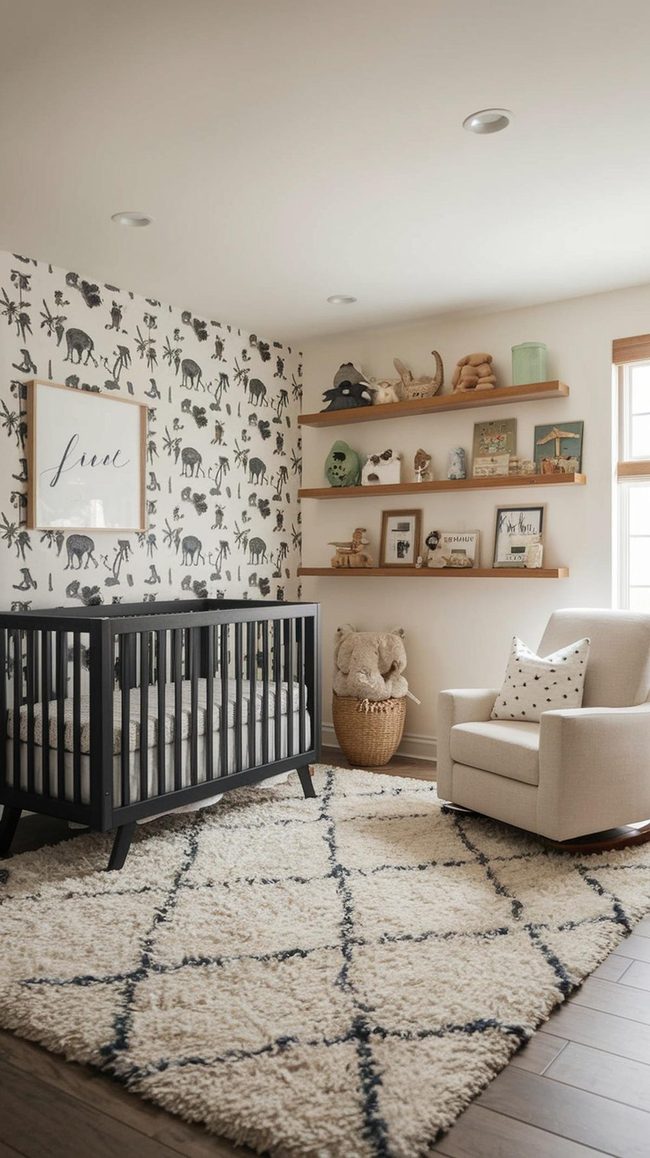 Soft Green Nursery With Animal Wallpaper