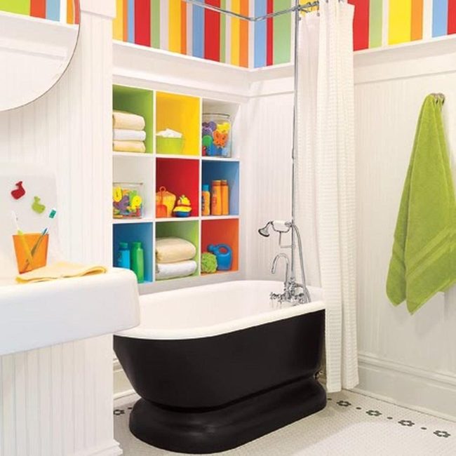 Black Bathtub, Striped Walls, Rainbow Cubbies