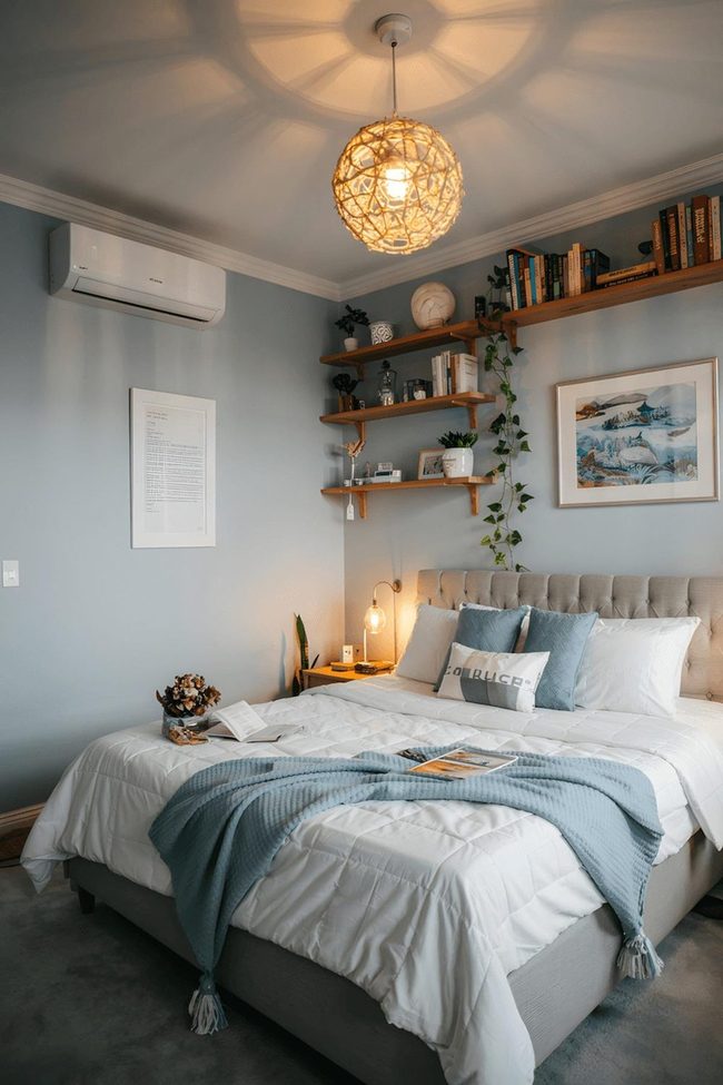 Soft Blue Bedroom With Copper Pendant Glow