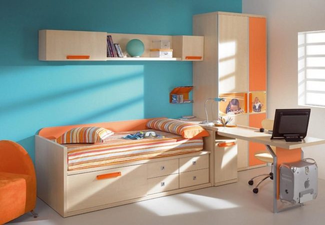 Blue And Orange Compact Bedroom