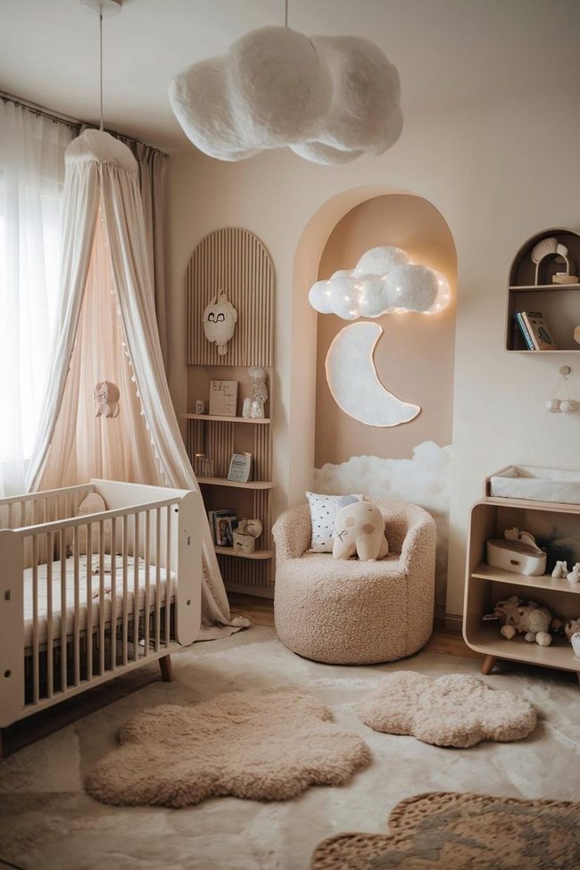 Beige Nursery with Floating Cloud Canopy