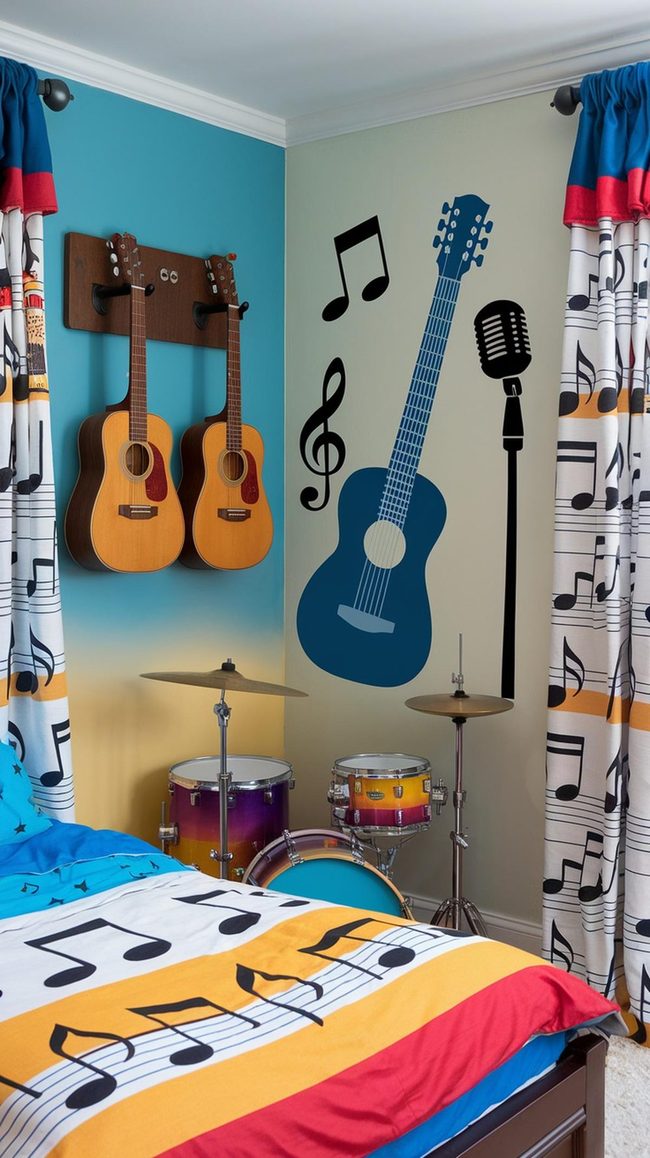 Guitar Wall Art and Drum Set Bedroom