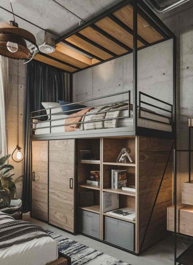 Ash Wood Industrial Loft Bed