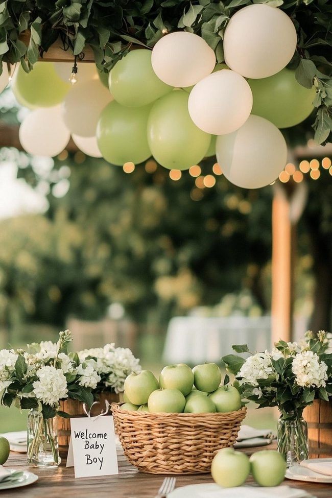 Green Apples With Hydrangea Blooms