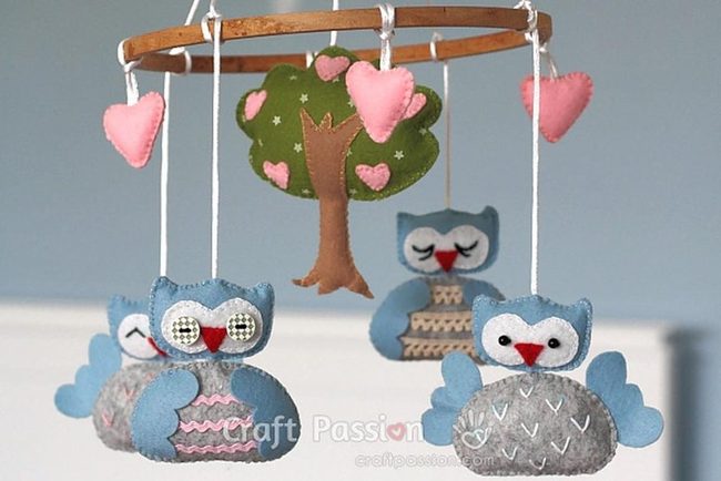 Felt Owls Blue Gray Mobile