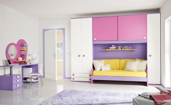 Bright Yellow Couch Pink Cabinets