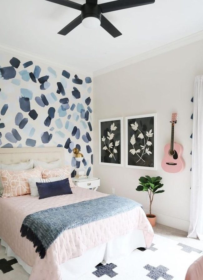 Blue Brushstroke Bedroom With Pink Guitar
