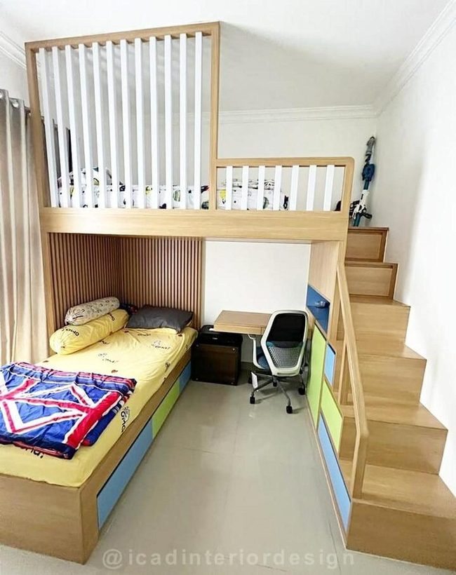 Light Wood Bunk With Integrated Staircase