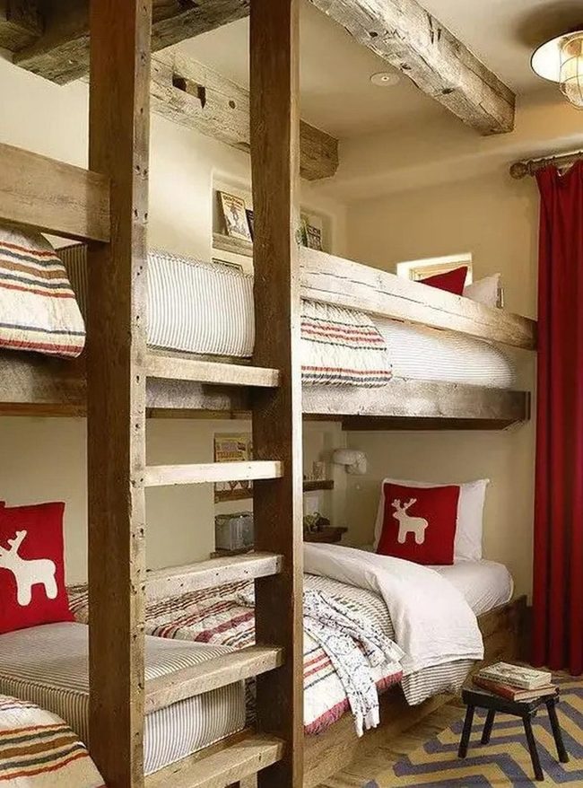 Wooden Bunk Beds Red Accents