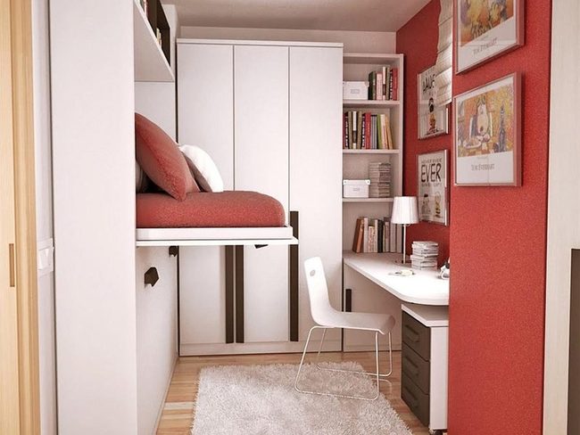 Red Walls, White Furniture, Minimal Design.
