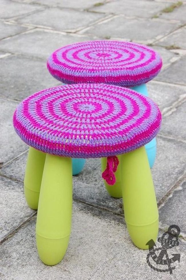 Striped Knit Stools, Neon Legs