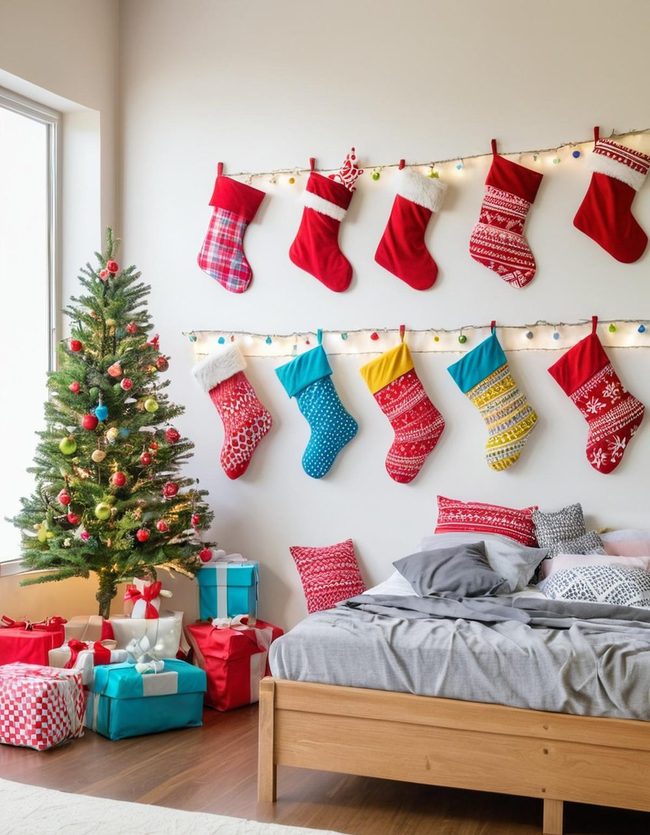 Colorful Wall Stockings Without Fireplace