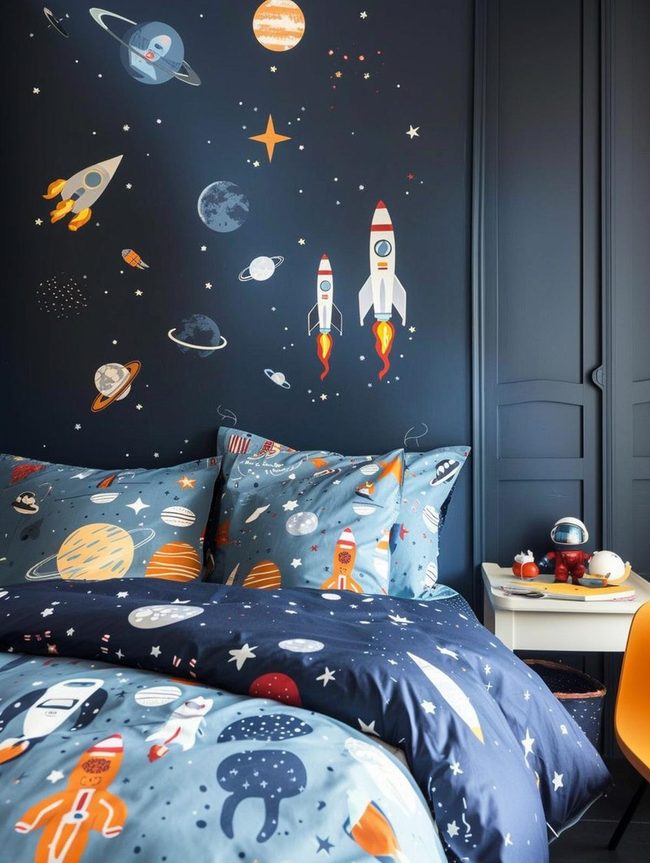 Navy Walls With White Space Rockets