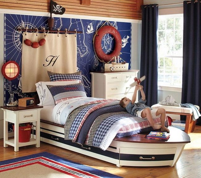 Ship-Shaped Bed, Blue Striped Walls