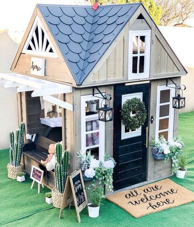 Mixed Wood Playhouse With Blue Scallop Roof