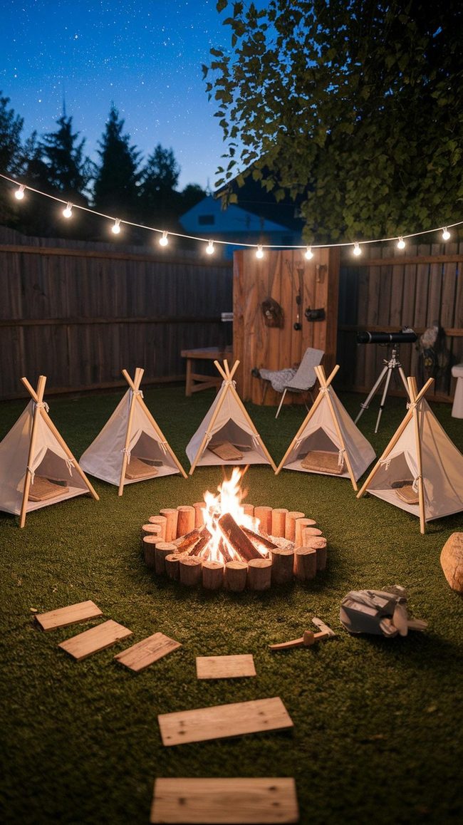 Camping With String Lights In Rear Yard