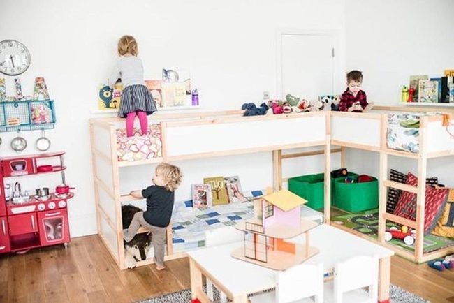 Red Kitchen, Wood Bunks, Play Space