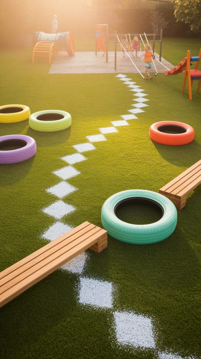 Wooden Beam Adventure Course In Garden Space
