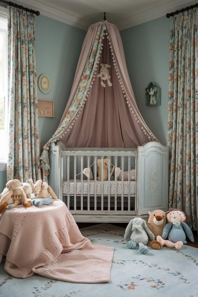 Beige Canopy Crib Room