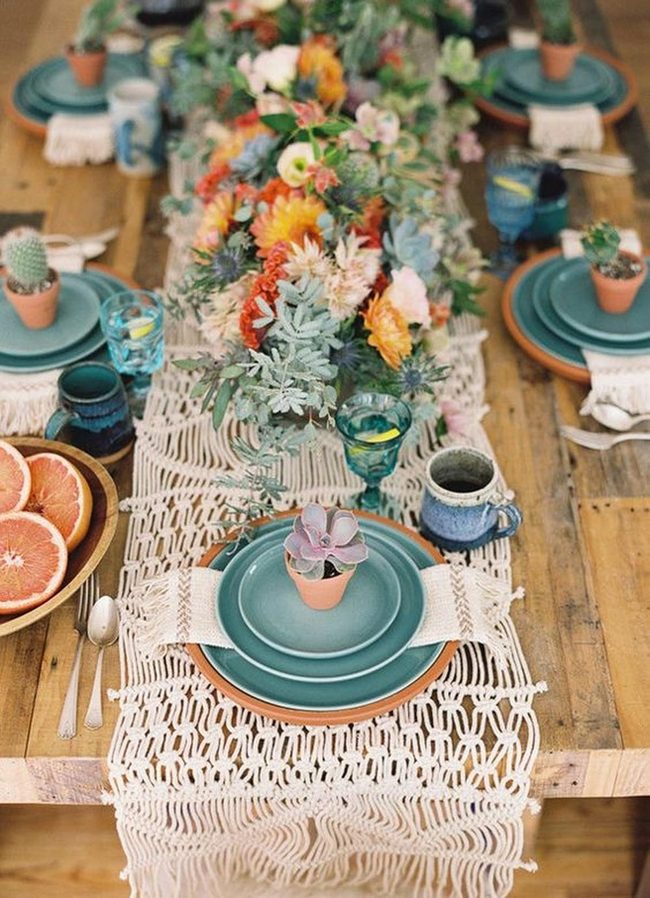 Blue-Green Plates With Potted Plants