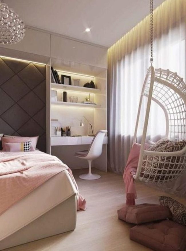 Soft Pink Bedroom With Hanging Chair