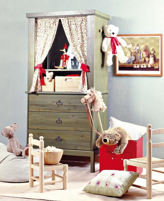 Green Dresser with Red Ribbon Curtains