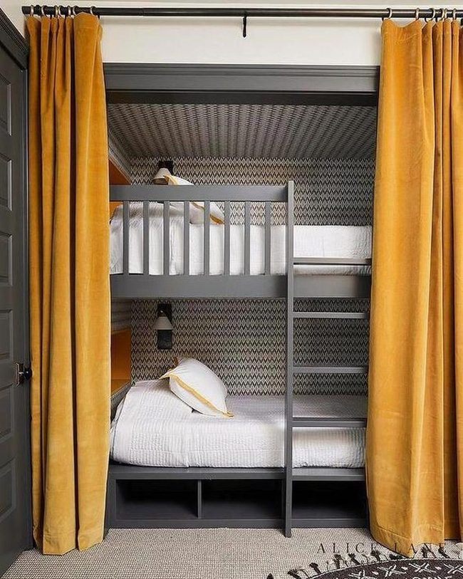 Gray Bunk Beds Yellow Curtains