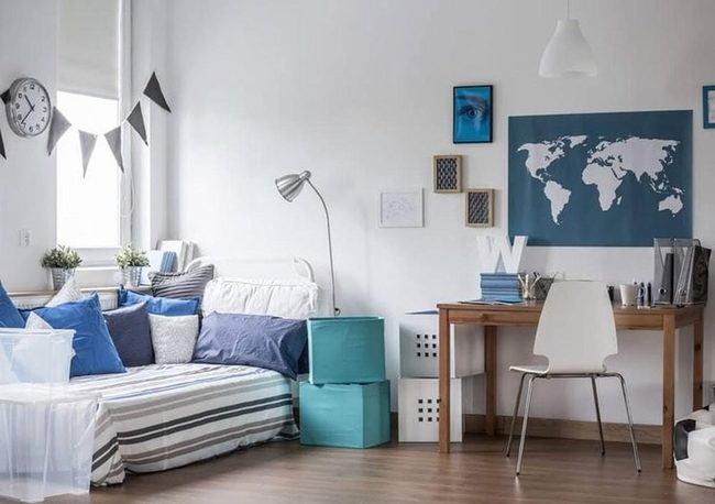 Blue Accents Neutral Bedroom Storage