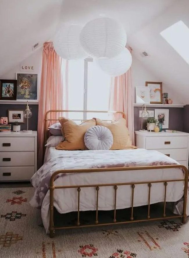 Pink Curtains, Purple Walls, Brass Accents