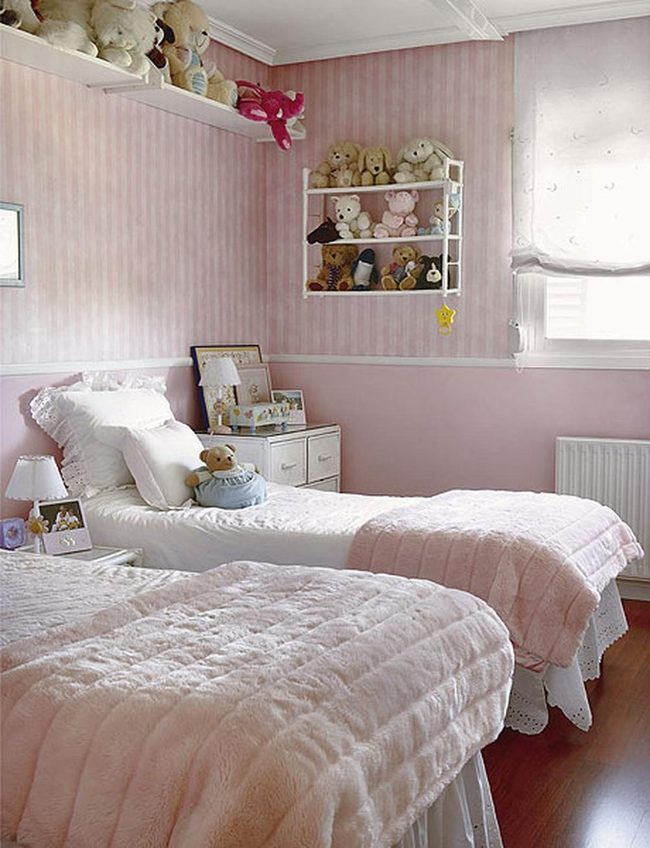 Pink Striped Bedroom With Teddy Bears