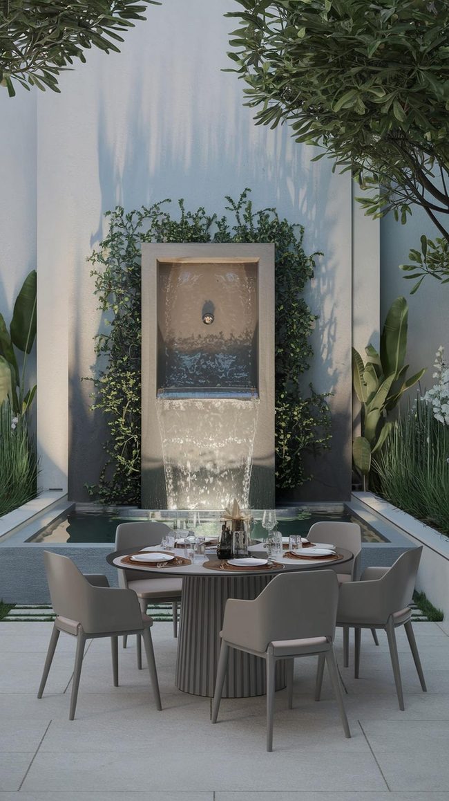 Fountain-Lit Dining Among Greens