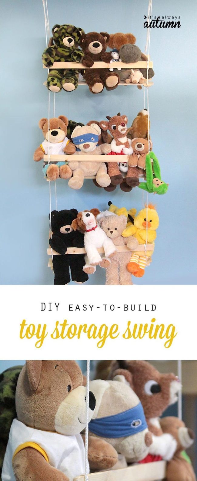Wooden Rope Shelves With Stuffed Animals