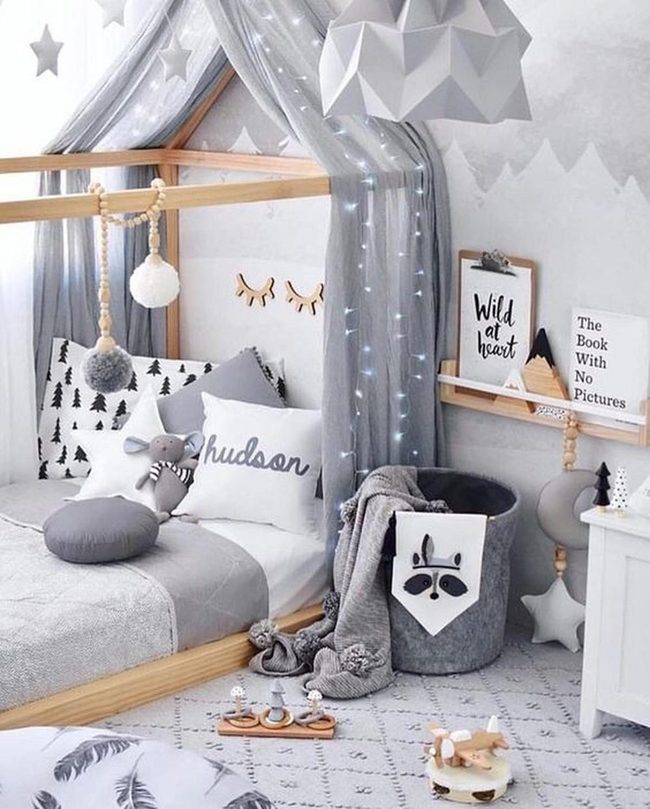 Canopy Lights Over Gray Bed
