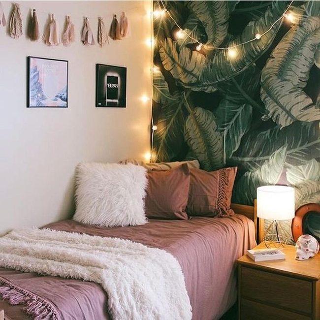 Deep Green Bedroom With Pink Accents