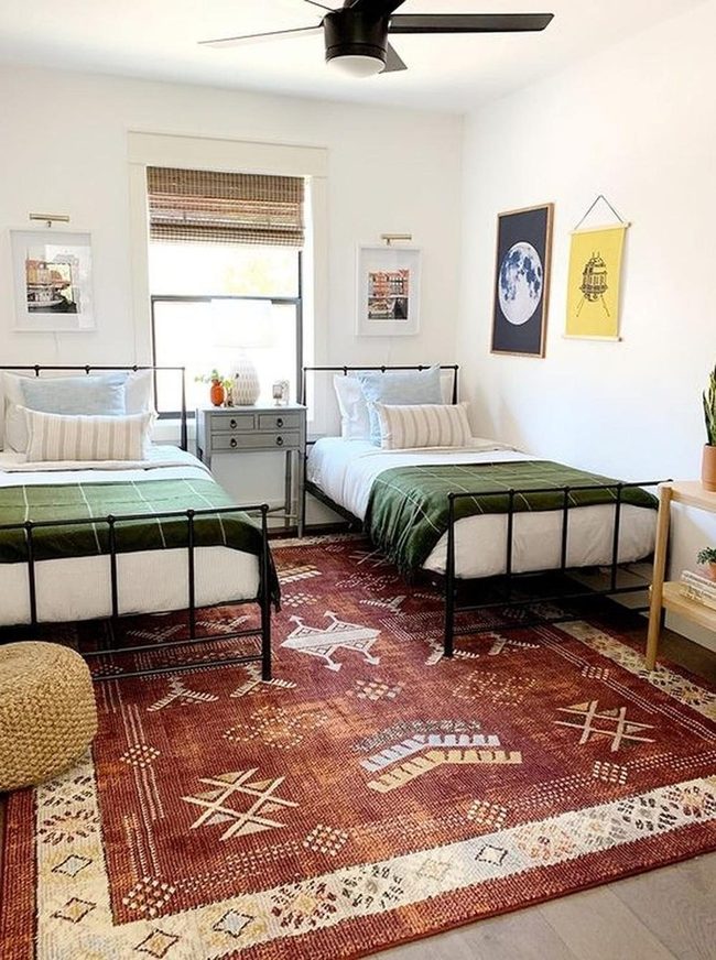 Red Patterned Rug Twin Bedroom