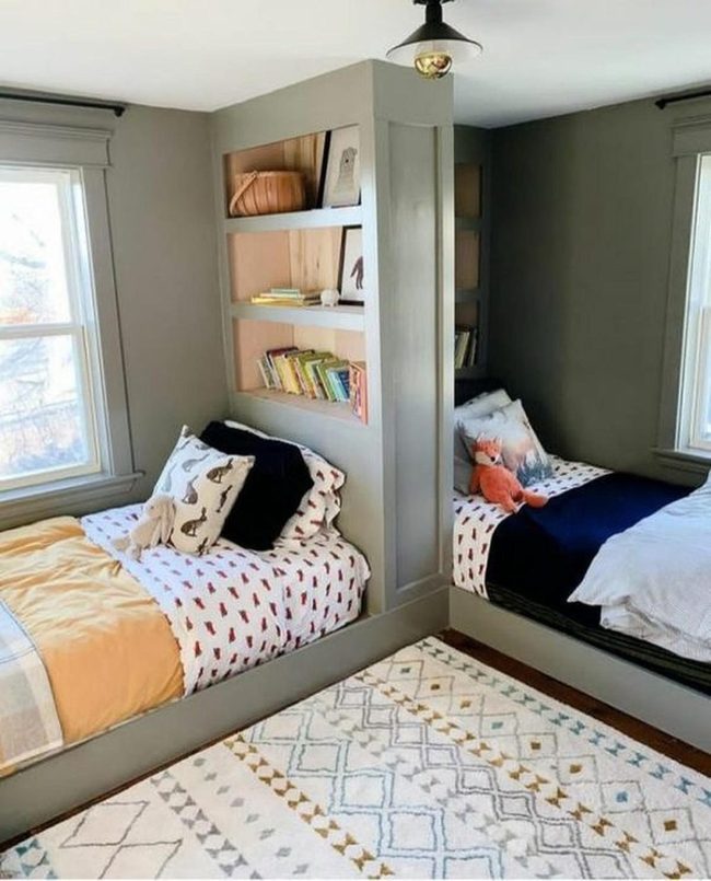 Light Gray Walls, Double Beds, Blue Accents