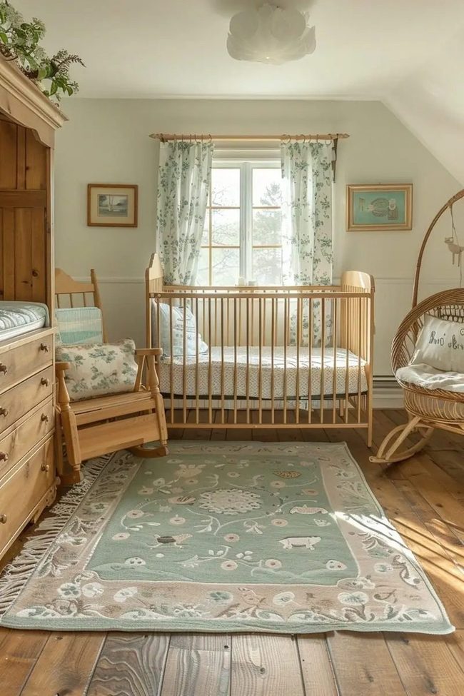 Pale Green Nursery With Natural Wood