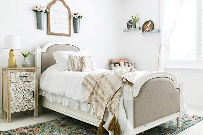 Wooden Nightstand, Layered Walls