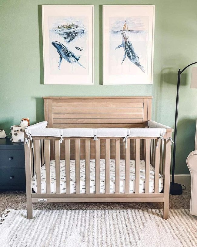 Green Walls, Whale Art, Wood Crib