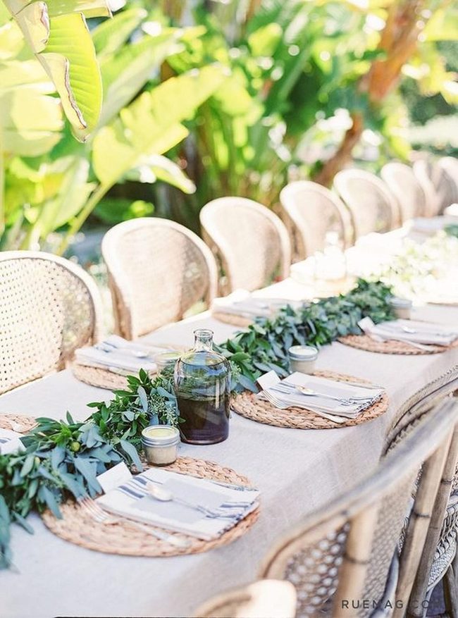 Wooden Table With Green Garland