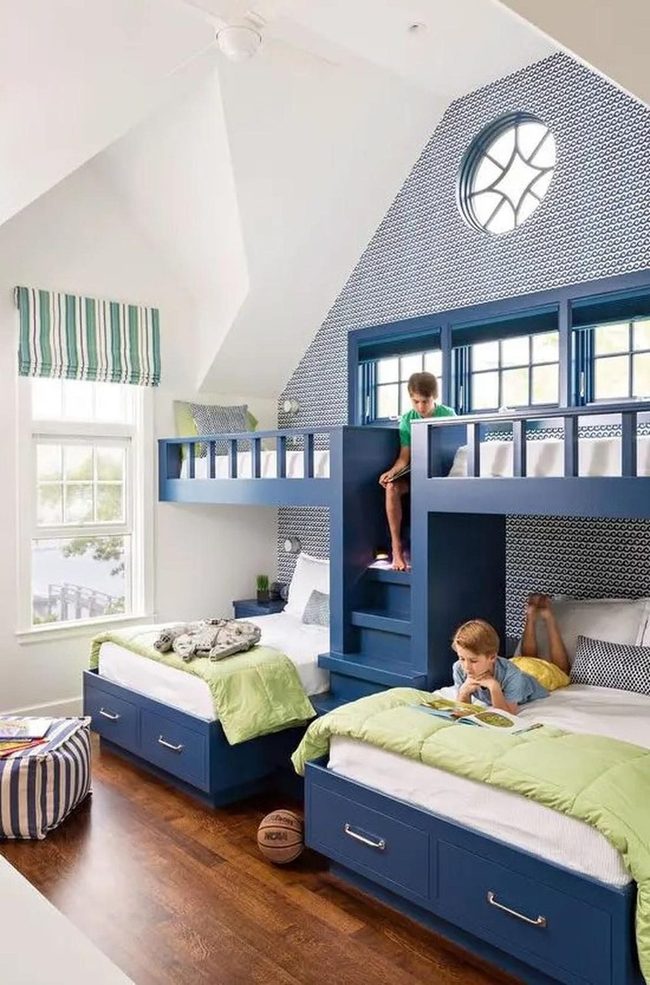 Blue Bunk Beds With Built-In Steps
