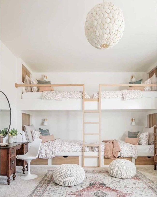 White Bunk Beds with Natural Wood Storage