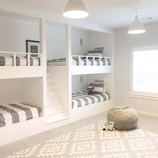 White Stacked Beds Gray Stripes
