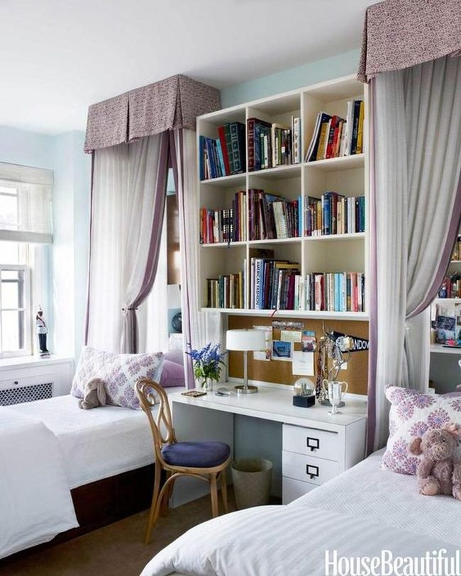 Purple Pillows Between Twin Beds