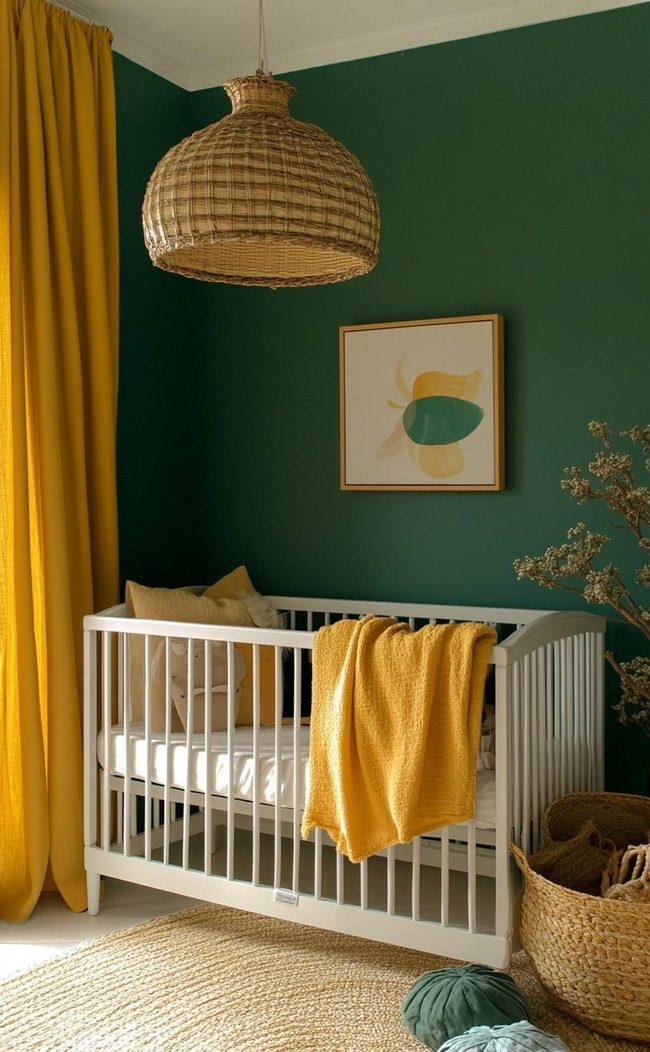 Deep Green Accent Wall with Yellow