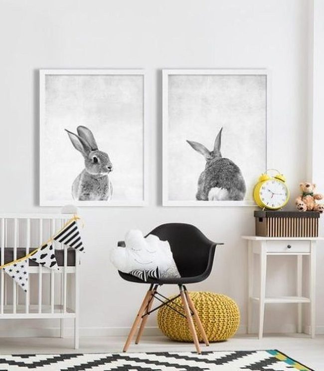 Black Bunny Prints Yellow Pouf