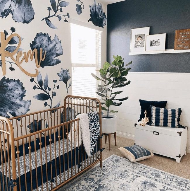 Deep Blue Floral Nursery Walls