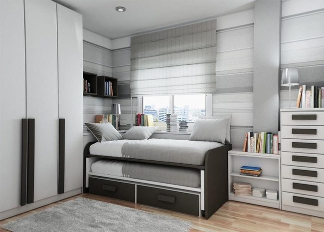 Light Gray Bedroom With Black Wardrobe