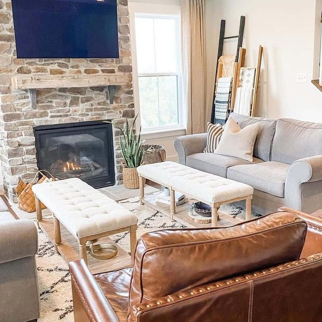 Stone Fireplace Gray Seating